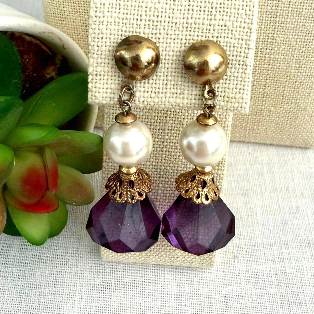 Gold Purple Drop Post Earrings Faux Pearl Faux Faceted Crystal Fashion Jewelry